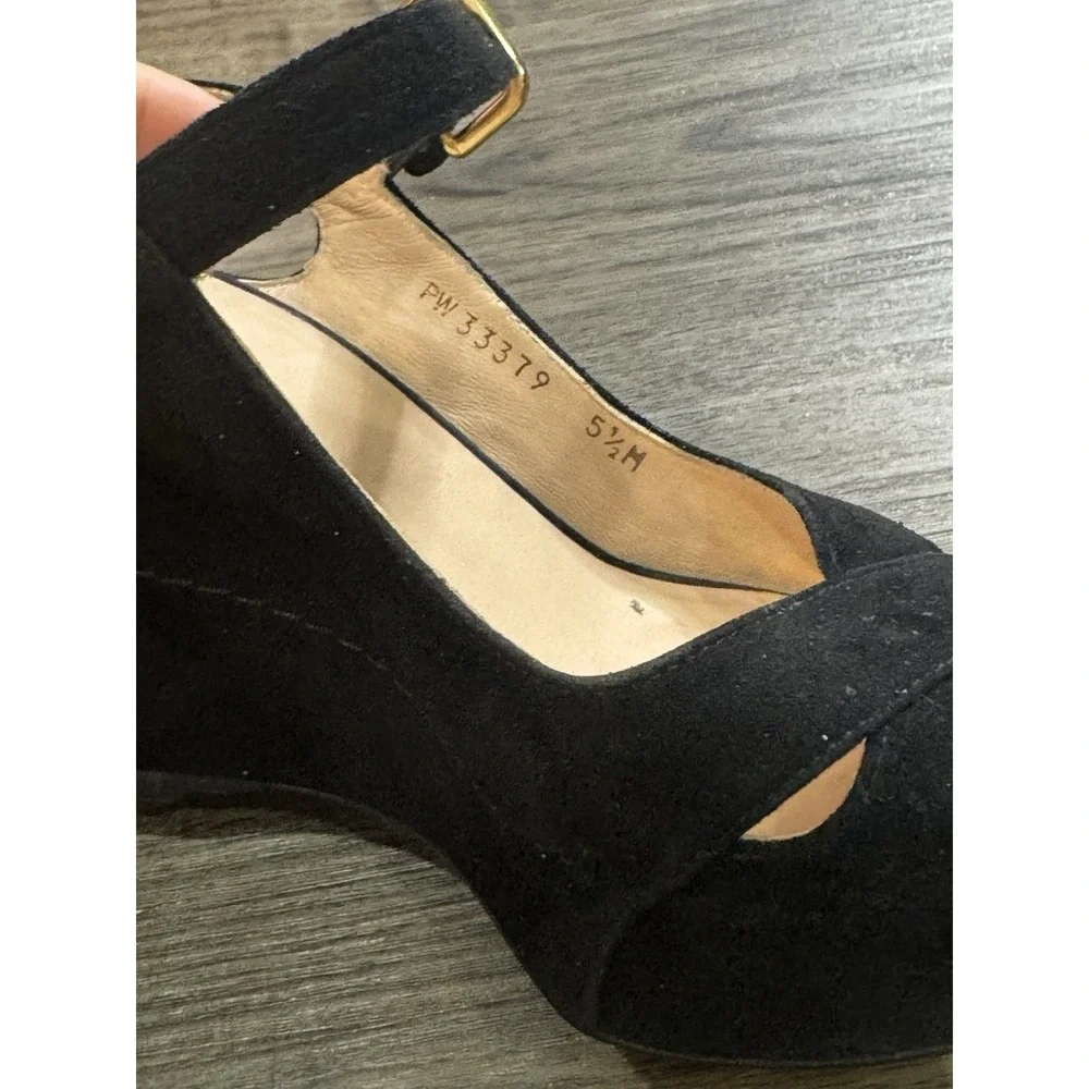 Stuart Weitzman Platform Wedges 5.5 Black Suede Y2K Peep Toe Chic Euro Summer